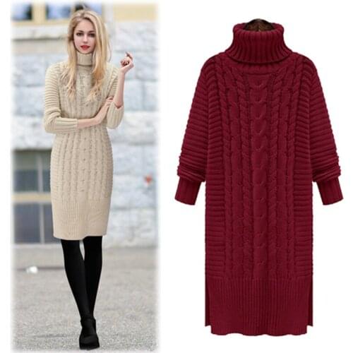 Solid color Turtleneck Sweater Dress Women 2021 Autumn Winter New Thick Twisted Slim Knit Bottoming Shirt Warm Female Clothing