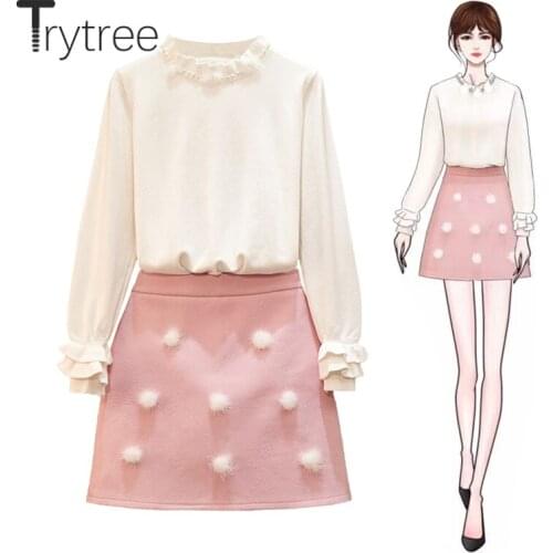 Trytree 2020 Autumn Winter Two piece set Casual Turtleneck Pearls Ruffles Top + Skirt Mini A-line Office Lady Set 2 Piece Set