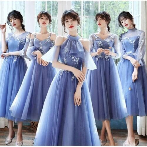 Good Quality Pink Green Blue Bridesmaid Dresses Sweet Memory Tea Length Appliques Lace Flowers Bride Guest Wedding Party Dress