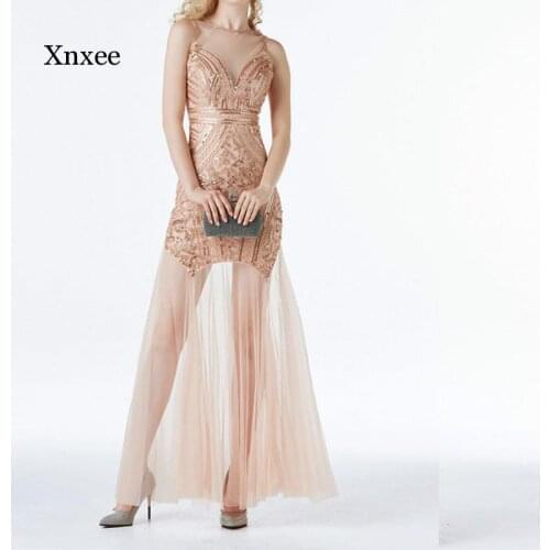 Sequin V Neck Mesh Dress Women Sleeveless Long Beaded Vintage Party Bodycon Formal Patchwork Dresses Vestido Clothing Outfits