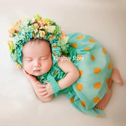 Newborn Photography Props Newborn Floral Hat Lace Cotton Romper Bodysuits Outfit Baby Girl Dress Photo Costume