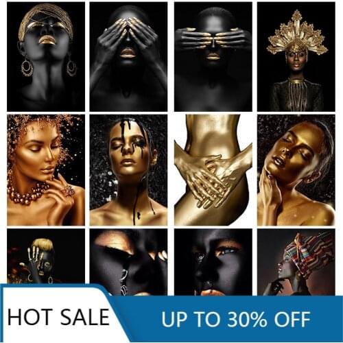 Christmas Canvas Painting African Art Black and Gold Woman Posters and Prints Scandinavian Wall Art Picture Living Home Decor