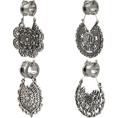 BOG-PAIR Tribal White Brass Floral Mandala Flower Hoop Earrings Ear Tunnel Vintage Expander Ear Stretcher Body Piercing Jewelry