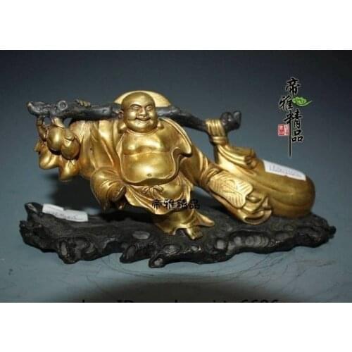 Tibet Buddhism Pure Copper 24K Gold Gild Wealth Bag Happy Maitreya Buddha Statue