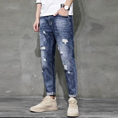 2021 Spring Autumn Mens Cool Jeans Ripped Stretch Pants Male Slim Fit Pants with Holes Men Casual Straight Denim Trousers W520