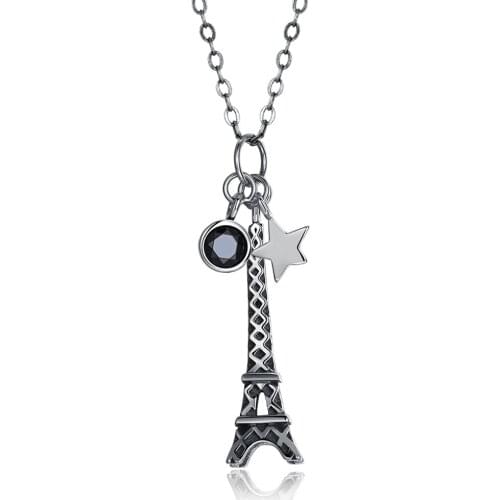 ZEMIOR Necklace For Women Classic 925 Sterling Silver Eiffel Tower & Star Vintage Pendant Round Black Cubic Zirconia Necklace