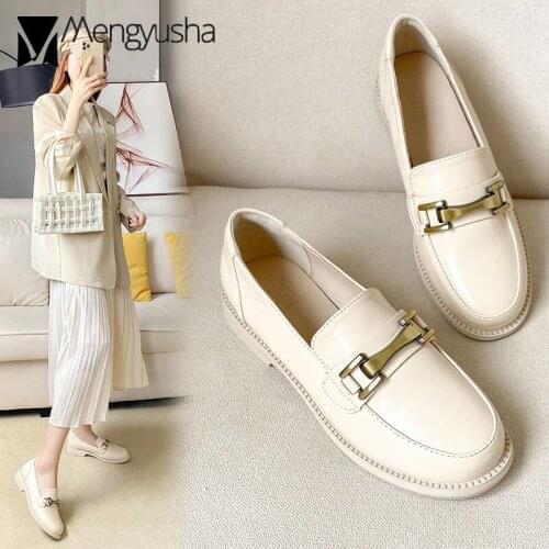 New spring metal buckle leather flats women casual design oxford shoes black/beige solid color brogues woman derby shoes size 43