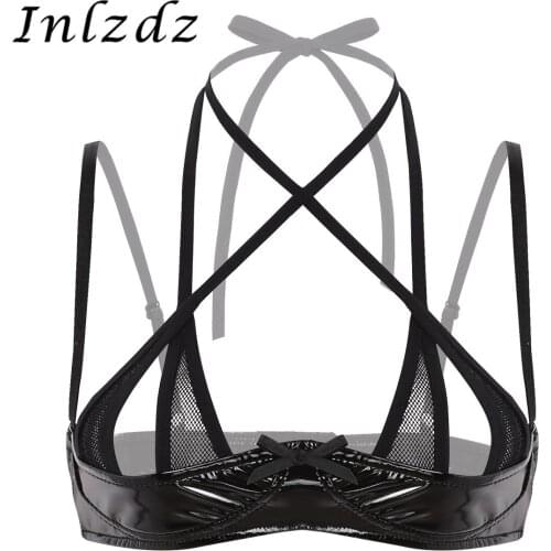 Womens Latex Leather Bra for Sex Wetlook Lingerie Halter Neck Adjustable Spaghetti Shoulder Straps Front Cross Shelf Bra Top
