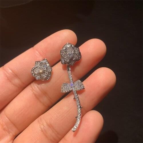 2020 Luxury Solid 925 Sterling Silver Asymmetric Flower Earrings for Women Temperament Elegant Delicate Zircon Stud Ear Earrings