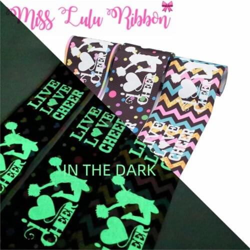 3"75mm "Live Love Cheer" White Ink Printing Glow in the Dark Wave Heart Dots Printed Grosgrain Ribbon DIY Hair Band 50yards/roll