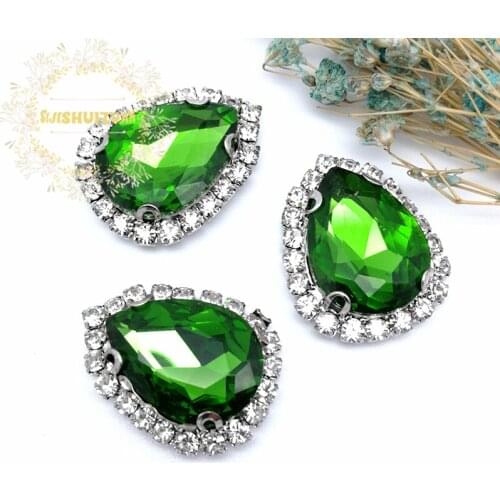Free shipping! Emerald Water drop shape Glass Crystal buckle sew on rhinestones with chain claw Diy Clothing accessories