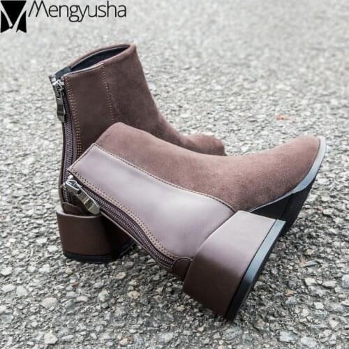 Genuine leather&flock winter british retro boots woman elegant chunky chelsea botines back zipper brief short botas mujer 2020