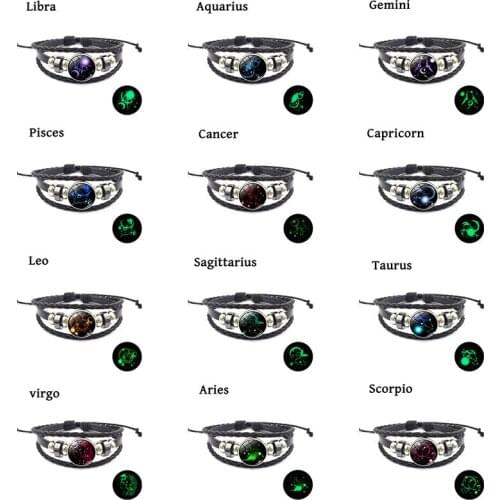 Zodiac Twelve Constellations Symbol Bangle Bracelet Leather Couple Luminous Glass Gem Friendship Bracelets Femme Boyfriend Gift