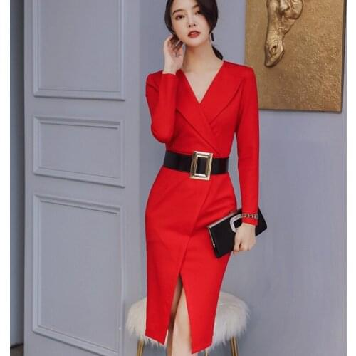 Business Dresses Formal Office Wrap V-Neck Ruched Blazer Dress Autumn Winter Long Sleeve Bodycon Dresses For Woman 2019 DD2411