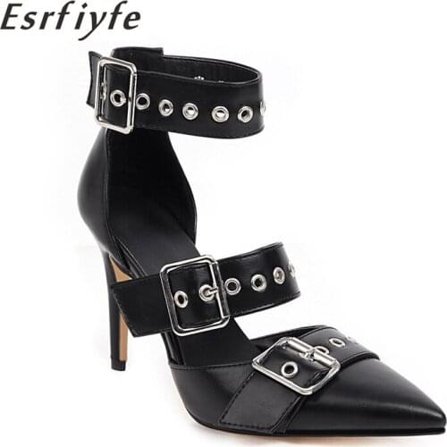 ESRFIYFE 2020 New Buckle Strap Mules Summer Women Pumps Shoes Spike High Heels Pointed Toe Dress Party Shoes Large Size 34-48