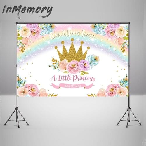 Photography Background Custom Rainbow Flower Vinyl Photozone Kids Birthday Party Decor Banner Gold Crown Princess Backdrop