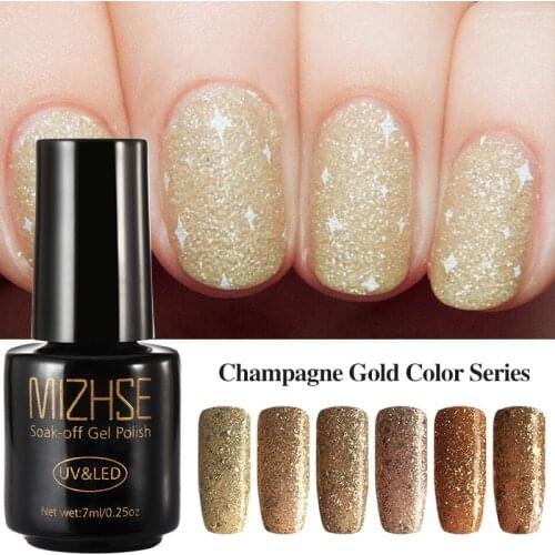 MIZHSE UV Gel Nail Manicure Diamond Glitter UV Nail Polish Gel Nail Quality Soak Off Gel Polish Champagne Gold Color Series 3