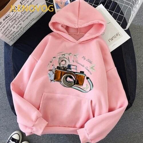 Watercolor camera print hoodies women vogue graphic sudadera mujer long-sleeve velvet thickening coat winter sweatshirt female