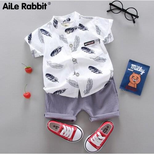 Summer thin baby feather cartoon Shirt Short Sleeve shorts two piece fashion
