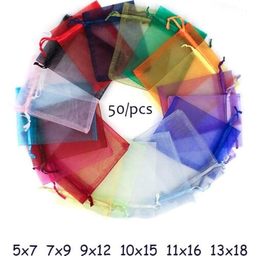 50Pcs 24 Colors Multiple sizes Organza Jewelry Bag Wedding Gift Organza bag Drawable Organza Bags Christmas Gift Bag