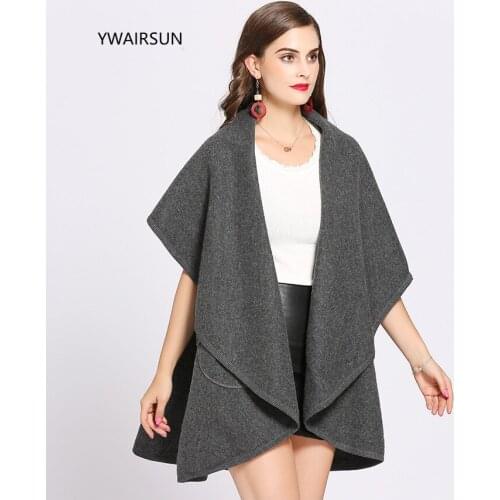 YWAIRSUN fashion pocket solid color cloak coat double shawl ladies cashmere lapel sleeveless shawl winter novelty party cloak