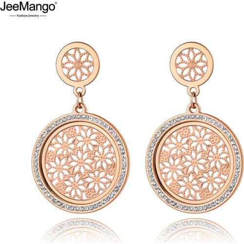 JeeMango Trendy Stainless Steel CZ Crystal Flower Wedding Earrings For Women Rose Gold Ear Jewelry Engagement Gift JE19066