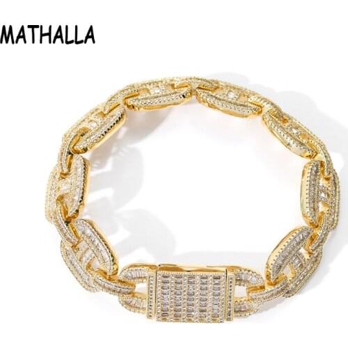 MATHALLA Bling Bling Iced Out CZ Cuban Link Chain Bracelet Hiphop 16mm Mens Pig Nose Chain Bracelet with Cubic Zircon for Men