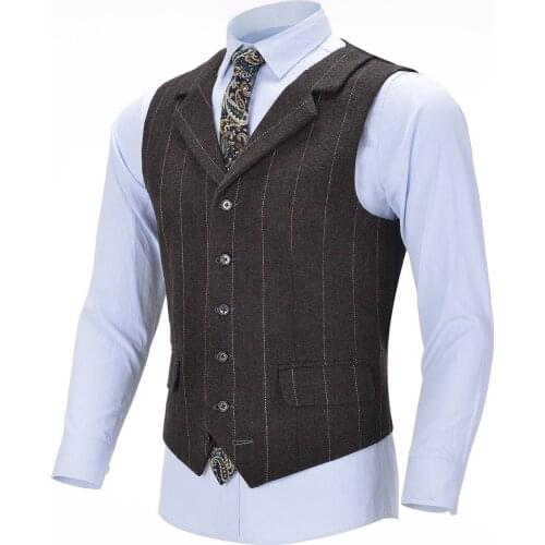 Mens Business Vest Wool Notch Plaid Slim Fit Herringbone Grey Cotton Suit Vest Waistcoat For Wedding Formal Vest Groomsmen
