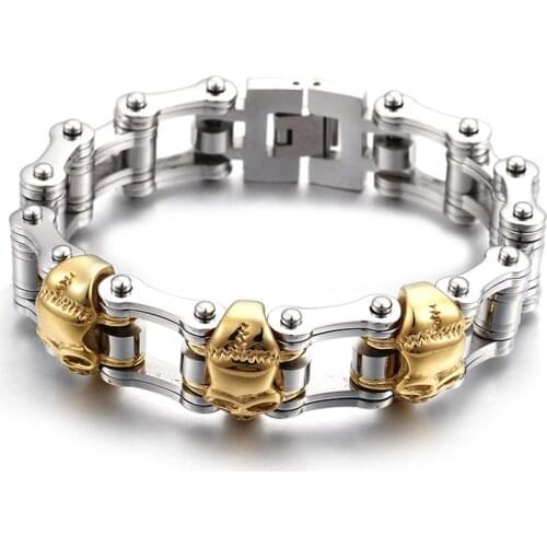 316L New Fitness Rock Stainless Steel Golden Color Skull Head Bicycle Link Chain Mens Boys Bracelet Bangle 9.05"(23cm) ,22mm