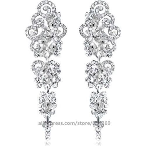 Wholesale Fashion Silver Color Crystal Wedding Drop Earrings For Women Korean Fashion Rhinestone Bridal Long Earrings Jewelry