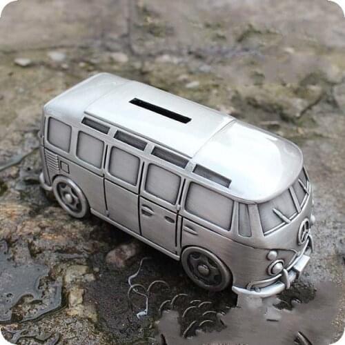 Retro metal boy dinosaur piggy bank toy car coin savings birthday craft gift bus model piggy bank money safe WF1021