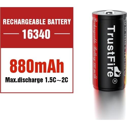 TrustFire 16340 Lithium Battery 3.7V 880Mah CR123A Rechargeable Li Ion Batteries Cell with Nipple Top For Flashlight Torch Light