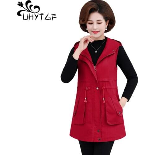 UHYTGF Spring Autumn Vests For Women Mid-Length Hooded Sleeveless Female Jacket Cotton Comfort Loose 5XL Plus Size Waistcoat1471