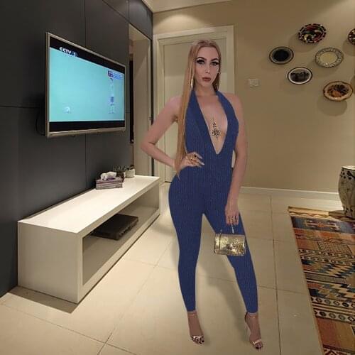 UVRCOS Jumpsuit For Women 2021 Fashion Sexy Halter Deep V-Neck Sleeveless Backless Bodysuit Summer Skinny Slim Combinaison Femme