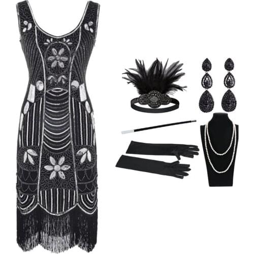 1920 vintage sequined beaded dress with a stylish fringed front and back v-neck and headpiece gloves five-piece