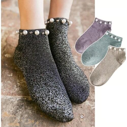 High Quality New Stylish Trendy Retro Fashion Modern Woman Girl Lady Glitter Shiny Pearl Socks Thin Bead Gauze Meias Ankle Sox