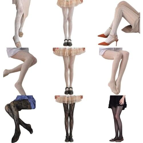 Japanese Women Sexy Floral Lace Knitted Tights Hollow Out Striped Fishnet Stockings Leggings Lolita Kawaii Pantyhose