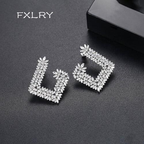 FXLRY Luxury Fashion White color Micro-inlay Cubic Zircon Geometric Stud Earrings for Women Wedding Party Jewelry