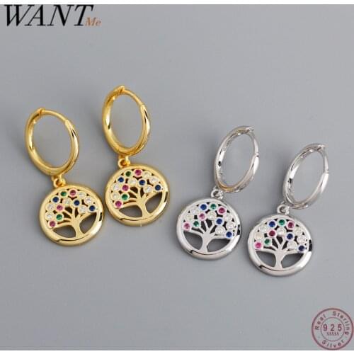 WANTME New Color CZ Round Real 925 Sterling Silver Peace Tree Stud Earrings for Women Bohemia Party Wedding Jewelry Accessories