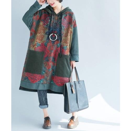 Johnature Women Vintage Hooded Sweatshirts Print Floral Pullover Hoodies Pockets Patchwork Corduroy 2021 Spring New Sweatshirts