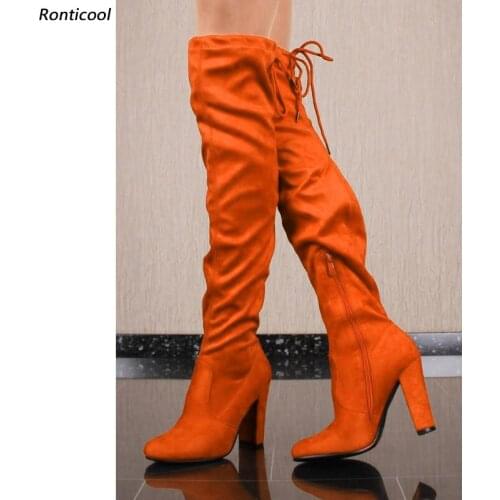 Ronticool New Women Spring Over The Knee Boots Suede Chunky Heels Round Toe Beautiful 10 Colors Party Shoes Women Us Size 5-15