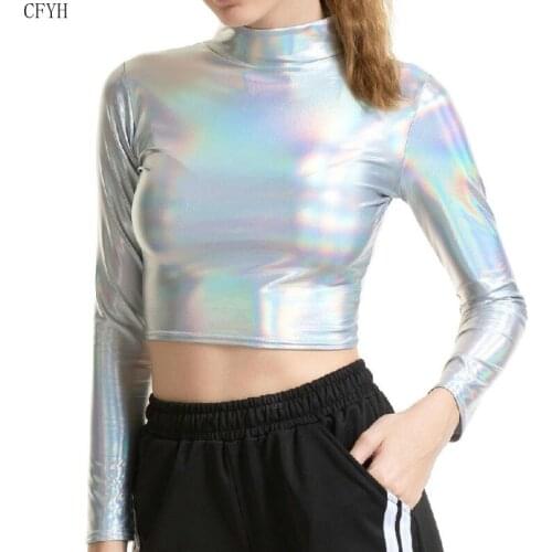 Women Liquid Metallic Long Sleeve Crop Top Punk Turtleneck Holographic T Shirt Cropped Tops for Rave Club Dance Mock Neck Shirt