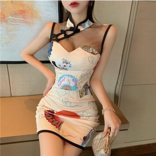 Woman Dress Summer New Retro Bag Hip Sexy Mesh Stitching Sleeveless Cheongsam Dress Chinese Style Print Short Mini Dress Female