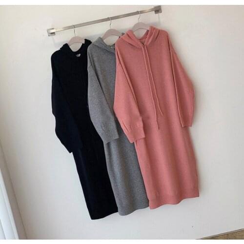 Hooded Knitted Dress Woman Autumn Oversized Gray Solid Chic Knitting Dress Vestidos Woman Korean Long Sleeve Fall Knitwear Warm