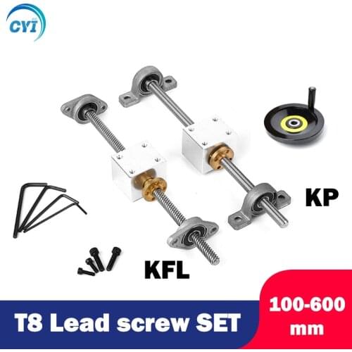 1Set 200/250/300/350/400/500mm 3D Printer&CNC T8 Lead Screw 8mm+Brass Copper Nut+KP08 Bearing Bracket+handwheel+Housing Bracket