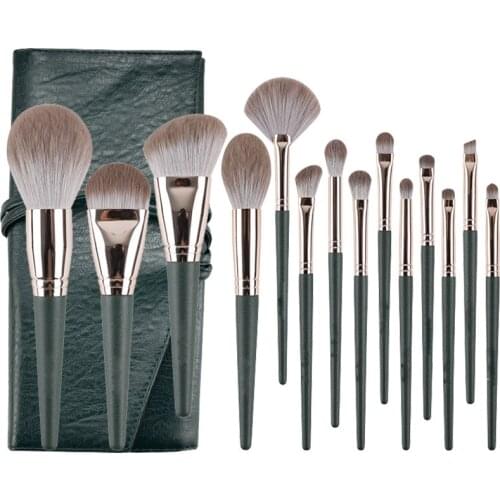 14pcs/Set Green Color Makeup Brush Set Wooden Handle Loose Powder Eye Shadow Lip Repair Brush Beauty Cosmestic Tools Kit