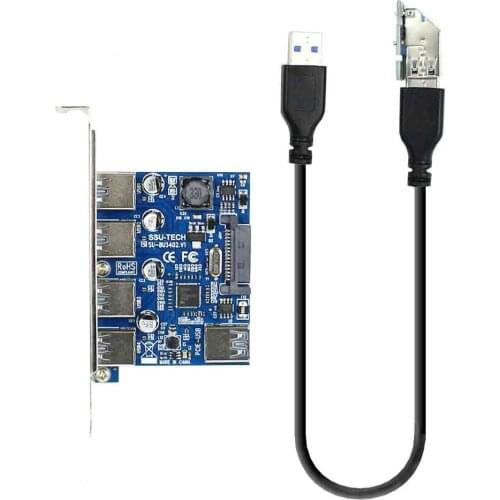 4Ports USB 3.0 HUB to PCI-E PCI Express 1x Expansion Card Adapter 5Gbps w USB3.0 Cable Riser Cards for PC Computer Desktop