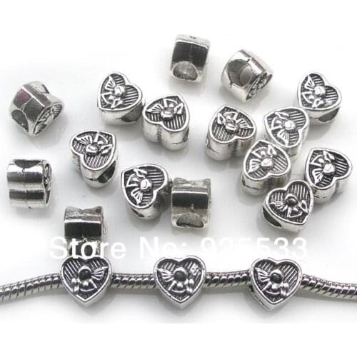 Free shipping 50pcs 9x9mm big hole antique metal heart with angel beads fit European bracelet jewelry DIY