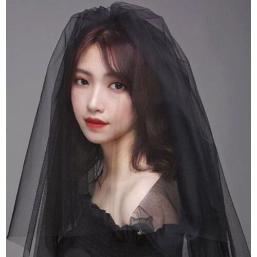 HONGFUYU Womens Black Layered Tulle Short Wedding Veil with Comb Halloween Cosplay Party
