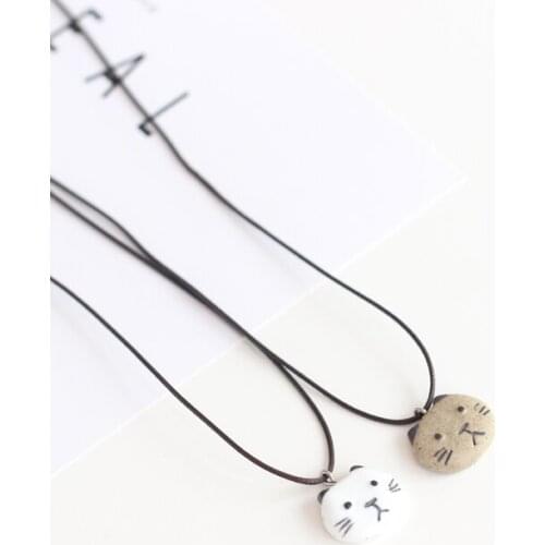 Fashion Cartoon Animal Long Necklace Jewelry Hand Painting Cute Cat Ceramic Necklace Pendant Jewelry Gift for Women Simple Style